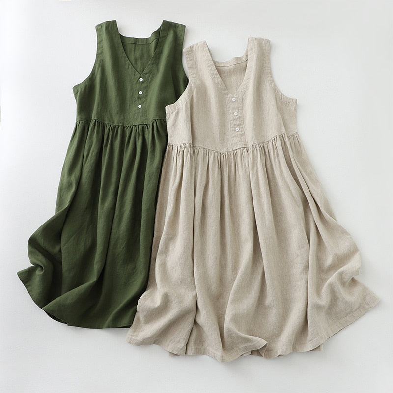 Mqtime V-Neck Vest Dress Japanese Style Loose Solid Cotton Linen Summe mqtime Mqtime V-Neck Vest Dress Japanese Style Loose Solid Cotton Linen Summe mqtime