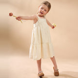 Mqtime  Summer Girls Ruffle Pleated Straps Dress 2023 New Children's Cotton And Linen Backless Casual Loose Princess Dresses