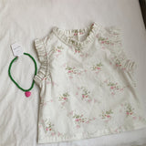 Mqtime Summer Baby Girls Shirt Flower Printing Lace Sleeveless Top Shirts Kids Clothing Cotton Linen Fabric Pastoral Style Shirt