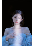 Mqtime Women Photography Props Handmade Blingbling Off-shoulder Maternity Dresses Blue Perspective Pregnancy Dress for Studio Shoot New