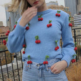 Mqtime hand-made cherry sweater women vintage crochet blue pullovers autumn winter streetwear casual oversized sweater