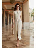 Mqtime Apricot Sashes High-end Long Dresses for Women 2023 Spring Summer Elegant  Office Lady Sleeveless Pockets A-Line Button Dress