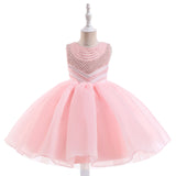 Mqtime  New Girl's Ceremonial Dress Pearl Tulle Children's White Sleeveless Dresses Princess Performance Costume 5 7Y