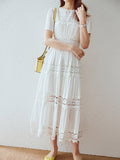 Mqtime  Lace Patchwork Embroidered Dresses for Women Summer O-Ncek White Sheer Holiday Tiered Dress Boho Sexy Beach Vestidos