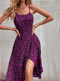 Mqtime Summer European and American Style Ladies Purple Suspender Print Backless Sexy Mature Street Style Women's Dress