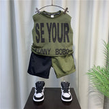 Mqtime Fashion Children's Teens Boy Tank Top +Patchwork Shorts Set 2023 New Baby Boys Summer Clothes Handsome Thin Sleeveless Outfits