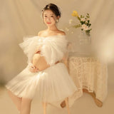 Mqtime  Maternity Dress Set for Photo Shoot Summer Sexy Shoulderless White Tulle Top+ Skirt 2 Pieces Set for Pregnant Women Photography