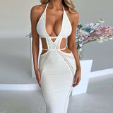 Mqtime 2023 Summer Beach Dress For Women Elegant Sleeveless Backless Halter Lace Up Sexy Boho Dresses White Knitted Long Dress