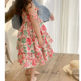 Mqtime 2023 Summer Dress for Girls Layered Kids Birthday Party Dress Flowers Printing Children Holiday Casual Clothes