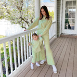 Mqtime Mum and Daughter Clothes Set Autumn Winter Long Sleeves Top + Wide Leg Pants 2pcs Suit Casual Mommy and Me Outfits Family Look