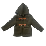 Mqtime Boys Coat Woolen Winter Greenish Brown Hooded Jacket With Horn Buttons Warm Christmas Eid Clothing British Royal Style For 2T-8T