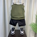 Mqtime Fashion Children's Teens Boy Tank Top +Patchwork Shorts Set 2023 New Baby Boys Summer Clothes Handsome Thin Sleeveless Outfits