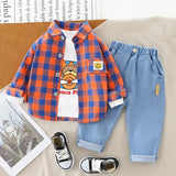 Mqtime Spring Autumn Children Boys 3PCS Clothing Set Plaid Shirts Cartoon Printed Sweatshirts Jeans Pants Baby Clothes Set