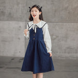 Mqtime kids girls fall autumn denim jeans midi jumper dress 6 to 16 years child fashion V neck cotton buttoned overall dresses clothing