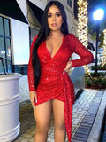 Mqtime Sexy Sequined Dress For Women Party Elegant V-Neck Long Sleeve Bodycon Mini Dresses Spring Sparkly Red Nightclub Dresses