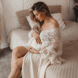 Mqtime Maternity Dresses For Baby Showers Vintage Linen Dress Elegant Embroidered Yarn Lace Sleeves Bohemian Pregnancy Dress