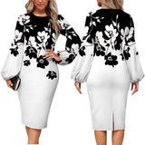 Mqtime Fashion Floral Print Dress Women Elegant O Neck Long Sleeve Party Robes Bodycon Lantern Sleeves African Printed Vestidos Autumn