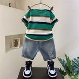 Mqtime Baby Boys Clothing Children Summer Teenage Clothes Toddler Stripe Cotton T Shirt+hole Denim Shorts 2pc Sets Kids Sports Outfits