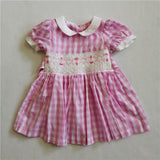 Summer Baby Girls Smocked Dresses Childen Vintage Plaid Pink Blue Embroidery Frocks Smocking Handmade Dress Size 1 2 3 4 5 Years