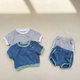 Mqtime 2pcs Summer Children's Shorts Suits Korean Cotton Striped Button Short Sleeve T-shirt + Pant Baby Clothes Casual Sports Suit