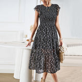 Mqtime  New Women Spring Summer O Neck Flying Sleeve Slim Floral Long Dress For Ladies Causal All Match Printed Dresses