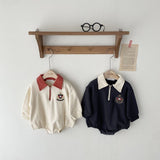 0-3y Toddler Boy Fashion Turndown Collar Sweatshirts Jumpsuit Bear Badge Embroidery Cotton Bodysuit Baby Boys Outfits