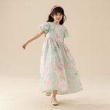 Mqtime  Kids Wear 2023 Summer Long Dress Printed Puff Sleeve Casual Teen Children Princess Dresses Fashion Girls Clothes 8 10 12 Years