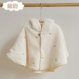 Mqtime Autumn and Winter Ins Wind Coral Fleece Embroidered Hooded Cloak Baby Shawl To Go Out Windproof and Warm Children's Small Cloak