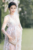 Maternity Floral Patchwork Lace Perspective Dress Sexy Maxi Pregnancy Dress for Photo Shoot Long Sleeve Luxury Maternity Dresses