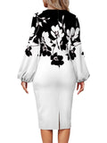 Mqtime Fashion Floral Print Dress Women Elegant O Neck Long Sleeve Party Robes Bodycon Lantern Sleeves African Printed Vestidos Autumn