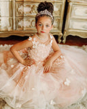 Mqtime Flower Girl Dresses for Wedding Pearl Pink Floral Tulle Luxury Princess Long Maxi Kids Bridesmaid Ball Gowns Birthday