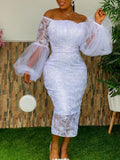 Mqtime Large Size 4XL Sexy Lace Dress Women Off Shoulder Puffy Robe Mesh Sleeve Backless White Midi Party Bridesmaids Wedding Vestidos