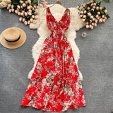 Tavimart Seaside Holiday Long Dress Women Summer Scheming Folds Waist Thin Print Floral Dress