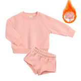 Mqtime 1-12 year old children's sports suit autumn new boys' and girls' long sleeve loose sweater shorts leisure two-piece set