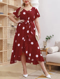 Mqtime Polka Dot Simple Plus Size Dress Fashion Elastic Waist Print Temperament Skirt Women V Neck Tie Waist Floor Length Skirt 4XL