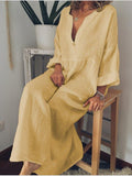 Mqtime Summer Women Dresses New Loose Cotton Linen Home Dress Black Dress Leisure Solid Color Long Sleeve Dress Vintage Robe