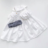 Mqtime Girls Japanese Cotton And Linen Dress Summer New Baby Girl Sailor Collar Cute Puff Sleeve Casual Loose Princess Dresses WT051