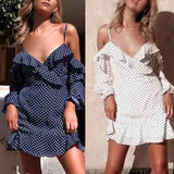 Mqtime  New Fashion Polka Dot Printed Sling Off The Shoulder Long Sleeve V-Neck Ruffles Backless Mini Dress Women Clothing