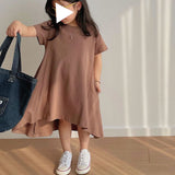 Mqtime Summer new children's wear short sleeve leisure simple solid color girl's dress literary style 2-10-year-old girl's tail dress
