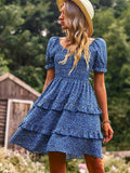 Mqtime Floral Chic Tiered Mini Dresss Ruffles Casual Summer Puff Sleeve Women Ladies Party Holiday Ladies Dresses Vestidos