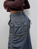 Mqtime Vintage Denim Jeans Skirt Women Autumn High Street Casual Drawstring Pleated Pocket Midi Skirts Bottoms Y2K Clothing