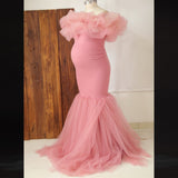 Mqtime Maternity Photoshoot Dresses Mermaid Dress Off Shoulder Tulle Lace Stretch Fabric Prom Gown Photo Shoot Pregnancy Clothes