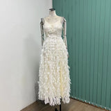 Mqtime Summer New Fashion Celebrity Heavy Industry Feather Fringe Embroidered Pearl V-neck Holiday Style Dress