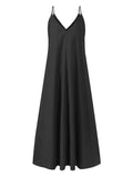 Mqtime New Summer Female Sling Dress Fashion Casual Loose Solid Skirt V-neck Backless Sexy Long Dress Sleeveless Women's Party Dress