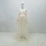 Mqtime White Dot Tulle Maternity Photography Props Dress See Through Maternity Photo Shoot Tulle Long Dress Lantern Sleeve