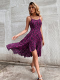 Mqtime Summer European and American Style Ladies Purple Suspender Print Backless Sexy Mature Street Style Women's Dress