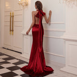 Mqtime Burgundy Prom Dresses Mermaid Sexy Backless Off Shoulder Boat Neck Bow Wedding Banquet Party Cocktail Evening Dresses With Train