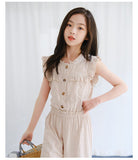 Mqtime 10 12 years Girls Elegant Summer Jumpsuits Sleeveless Buttons Khaki One-piece Overalls Teen Girls Outfits