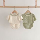 Mqtime Fashion Baby Knitted Clothes Set Lace Collar Hollow Out Knitted Short Sleeve Top + Shorts Designers Summer Kids Clothes Outfits