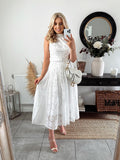 Mqtime Cotton White A-line Hollow Out Belt Casual Maxi Long Summer Women Dress Halter Sleeveless Sundress Robe Party Vestidos